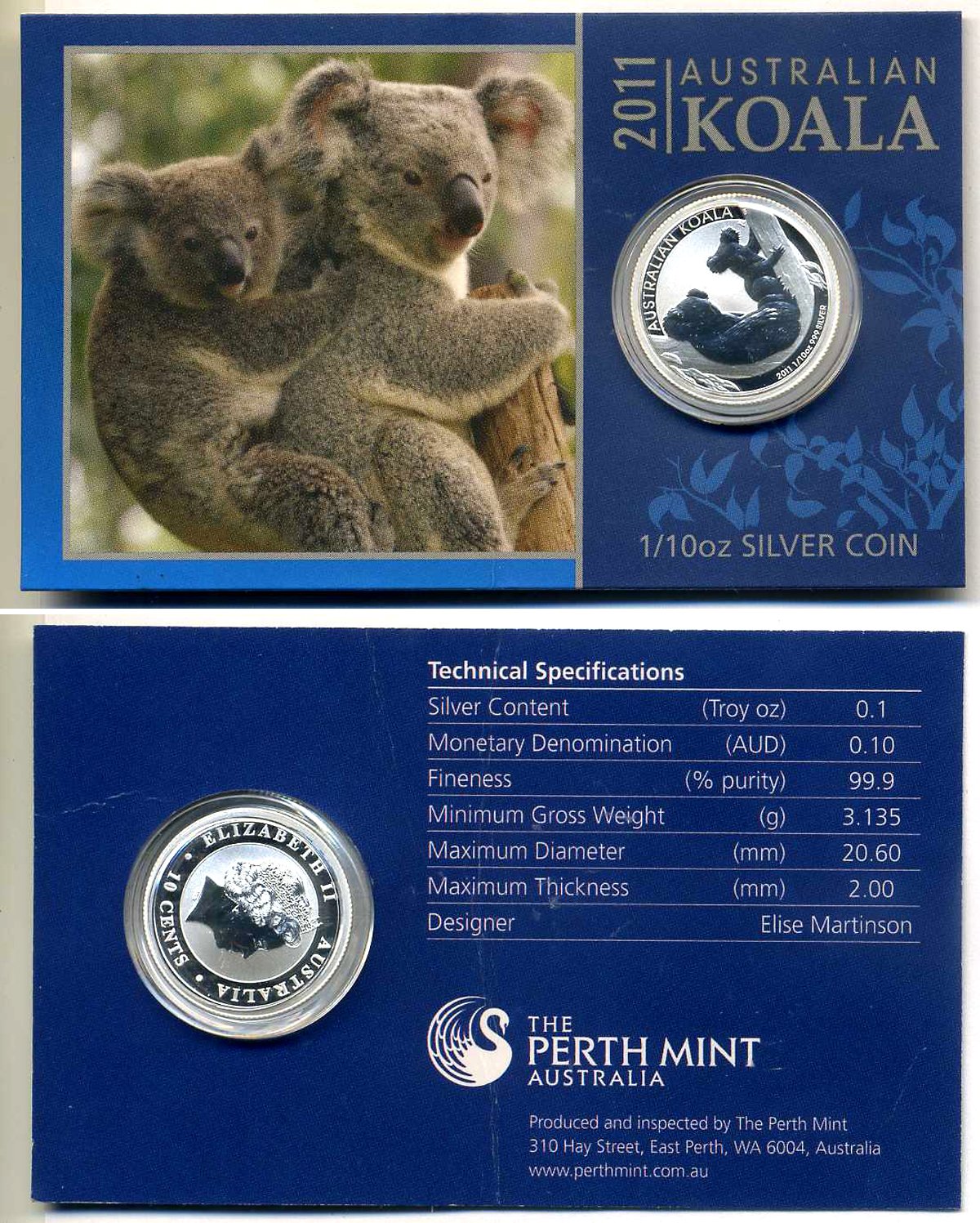 Австралия 10 центов 2011 Елизавета II (1952-2022), коала, 1/10 унции серебро PROOF 3-4-8-80