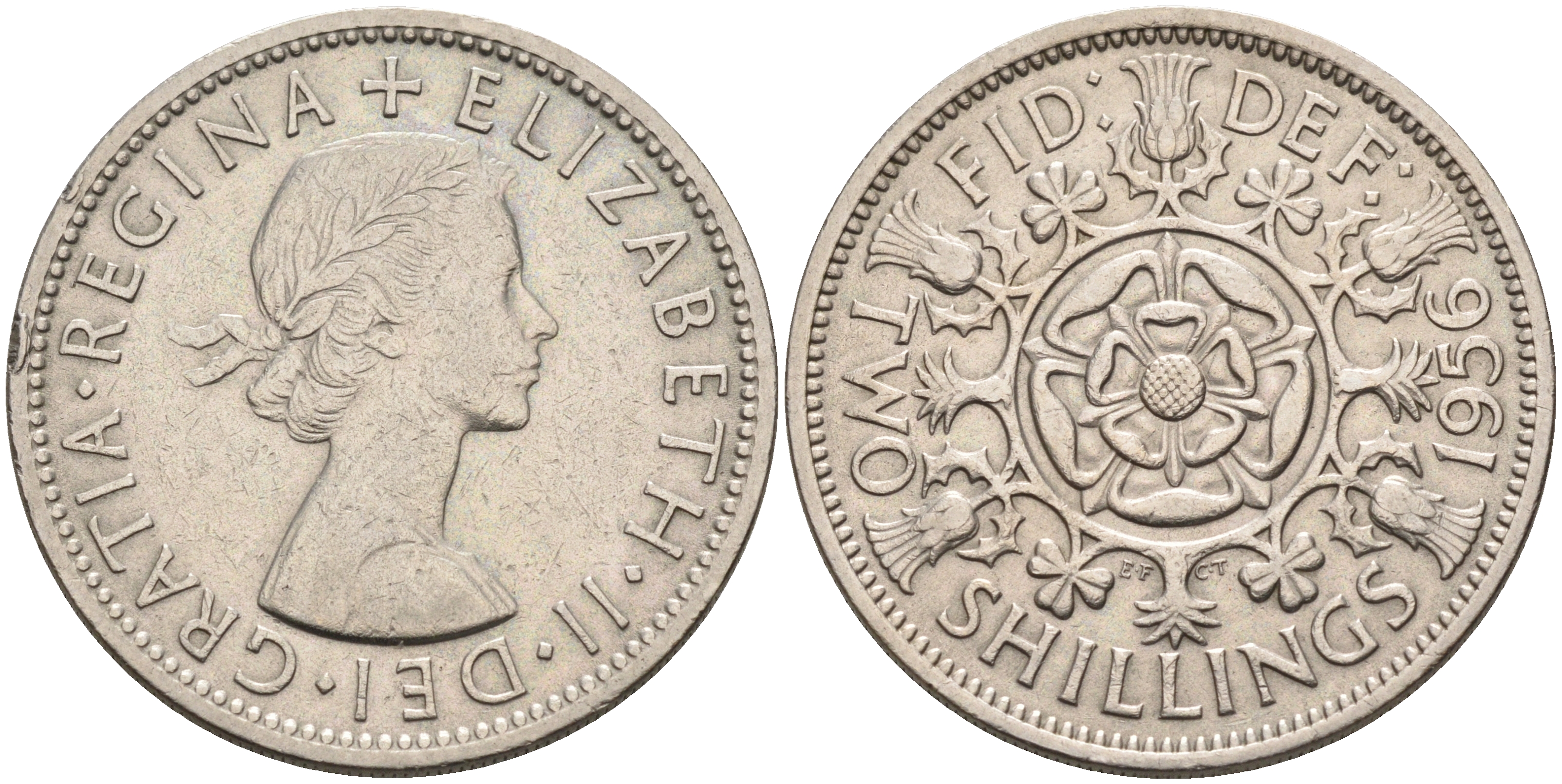 Великобритания 2 шиллинга (флорин) 1956 Елизавета II (1952-2022) KM 906, Spink 4146 медно-никель 4367-1245