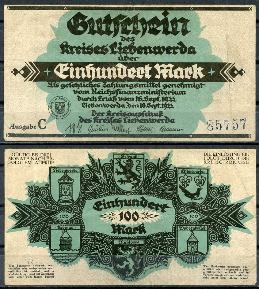 Германия, Либенверда 100 марок 1922 нотгельд, 16.09.1922, серия C M. 2720.3 бумага UNC (пресс) 444-65-2-2