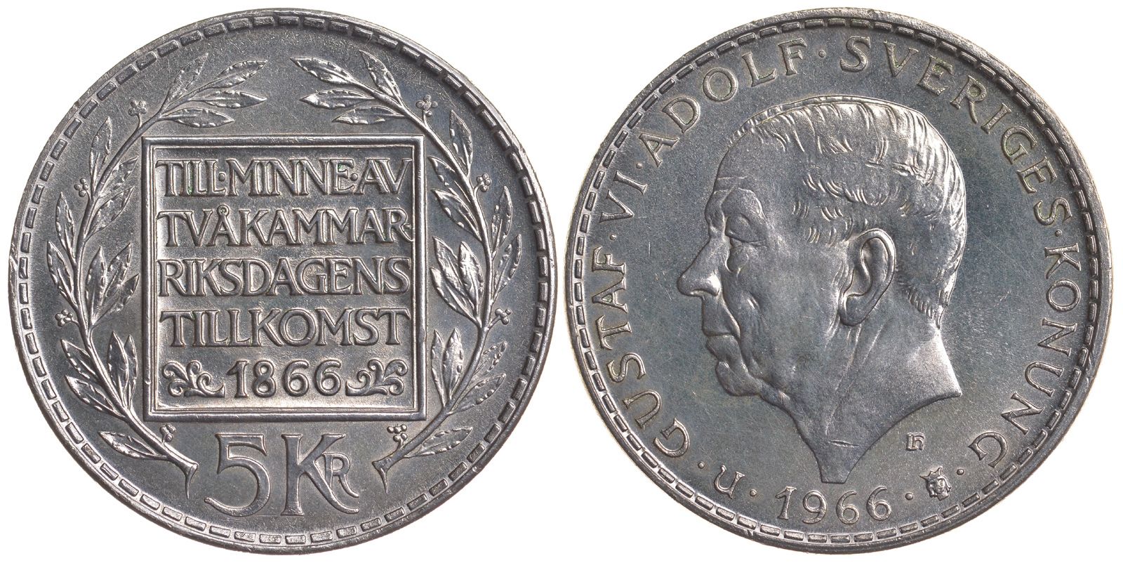 Швеция 5 крон 1966 U, Густав VI Адольф (1950-1973), 100 лет конституционным реформам KM 839 серебро UNC 1515-622