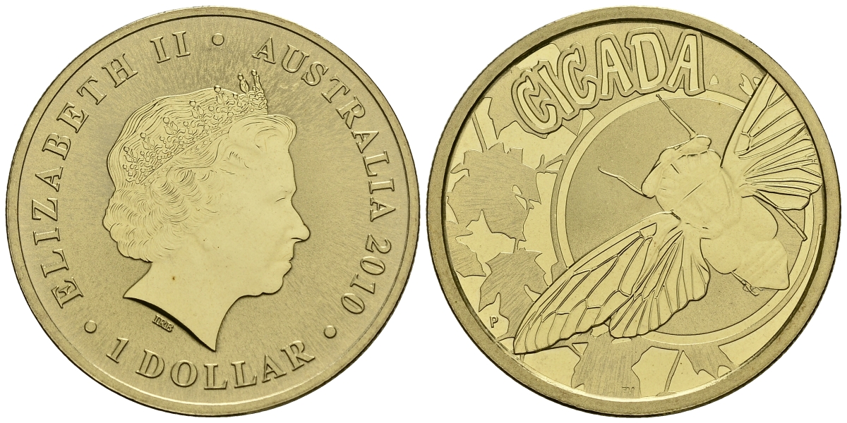 Австралия 1 доллар 2010 серия насекомые, цикада KM 1443 алюминиевая бронза UNC M42-09