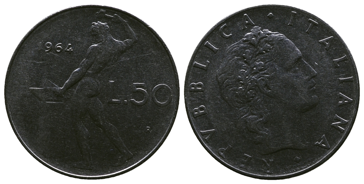 ИТАЛИЯ 50 ЛИР 1964 КУЗНЕЦ KM 95.1 сталь 4384-1116
