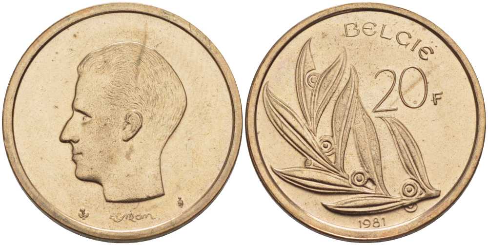 БЕЛЬГИЯ 20 ФРАНКОВ 1981 BELGIE, БОДУЭН I (1951-1993) KM 160 никель бронза UNC 213-447