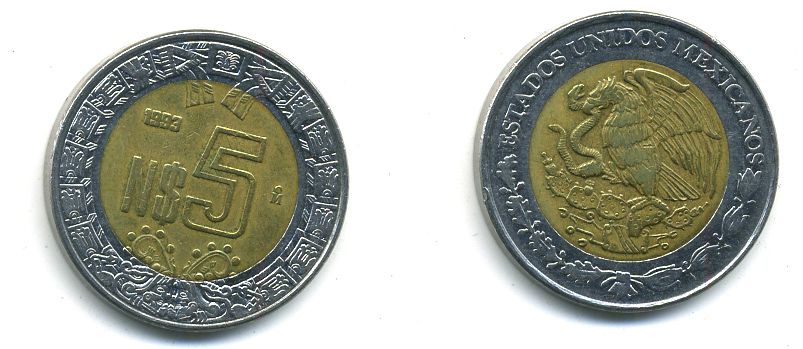 МЕКСИКА 5 ПЕСО 1993 биметалл 4-634
