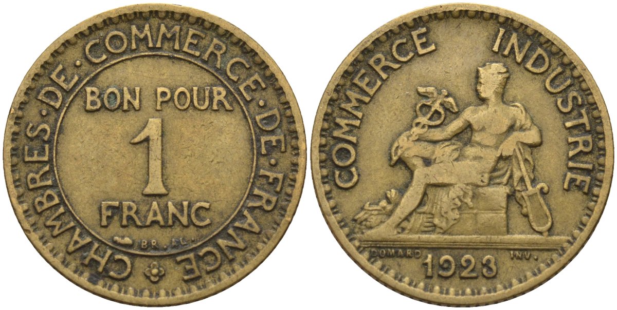 Франция 1 франк 1923 KM 876, Le Franc 218.5 алюминиевая бронза 4142-721