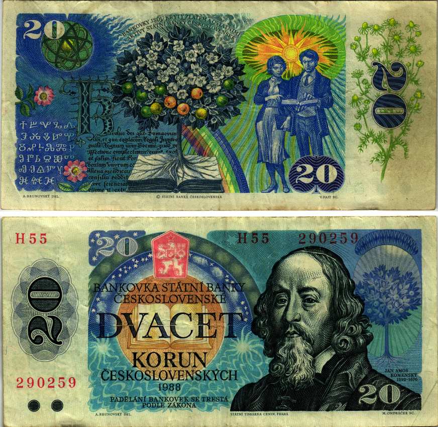 Чехословакия 20 крон 1988 серия Н, Ян Коменский, древо жизни Pick 95 бумага 8607-83-3-1