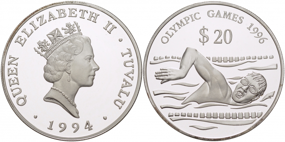 Тувалу 20 долларов 1994 Олимпийские игры 1996 года, плавание KM 24 серебро PROOF 11-101-43