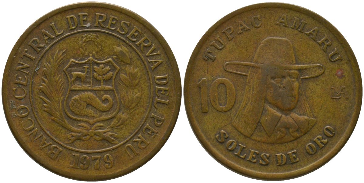 Перу 10 солей 1979 KM 272.2, Schon 73 латунь 4541-147