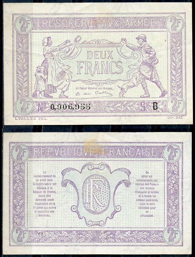 Франция 2 франка ND (1917) казначейство вооруженных сил, женщина с детьми, солдат с ребенком, серия B Pick M3 бумага 451-205-1-2