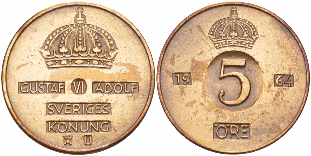 Швеция 5 эре 1964 U Густав VI Адольф (1950-1973) KM 822 бронза 4548-417