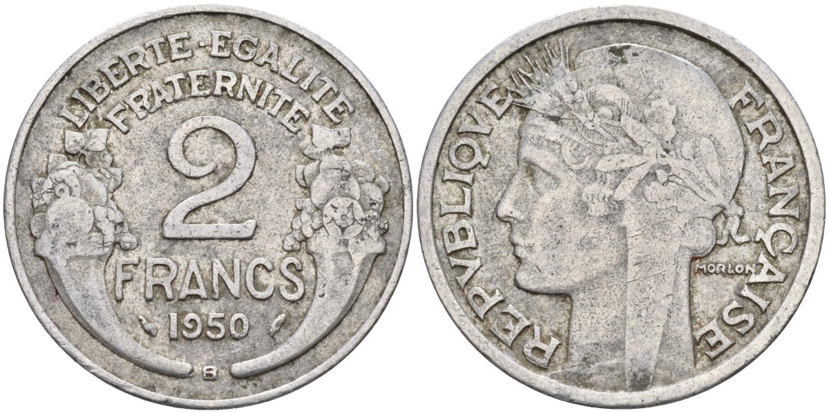 Франция 2 франка 1950 KM 886a, LE FRANC 269.10 алюминий 4143-623