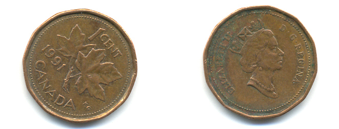 Канада 1 цент 1991 Елизавета II (1952-2022), кленовый лист KM 181 бронза 177-1428