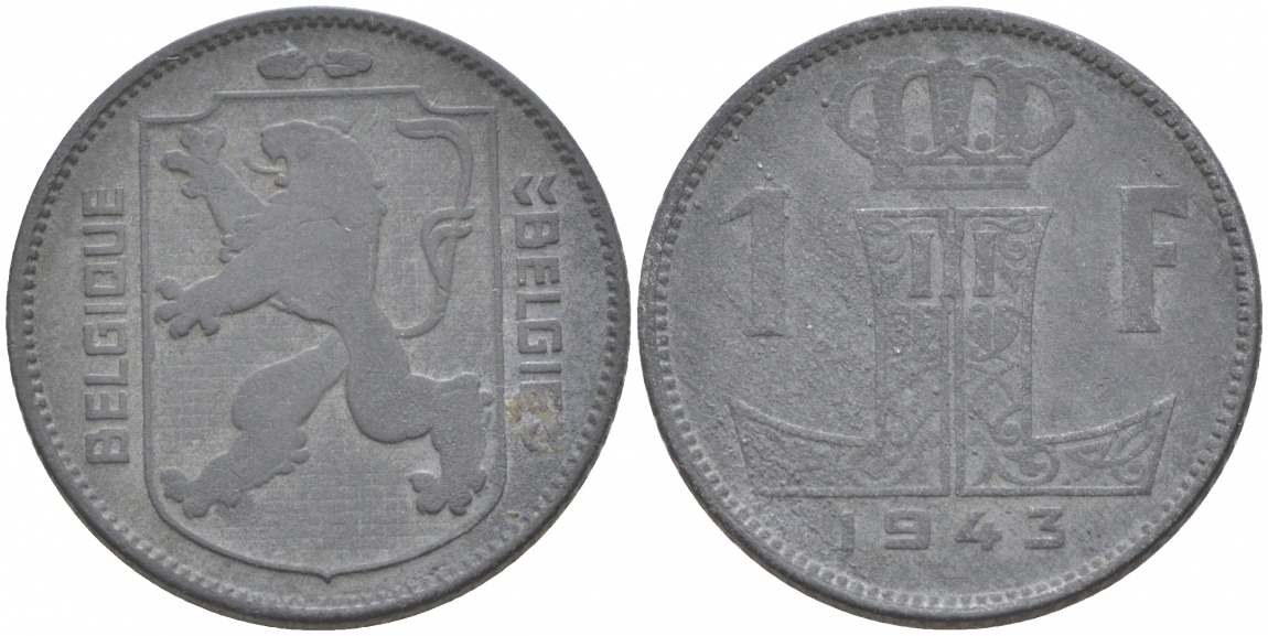 БЕЛЬГИЯ 1 ФРАНК 1943 BELGIQUE-BELGIE KM 127 цинк 68-233