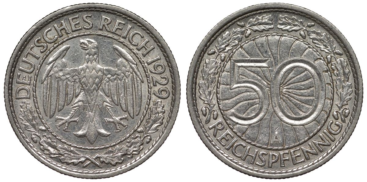 Германия 50 рейхспфеннигов 1929 A KM 49, J. 324 никель 4121-823