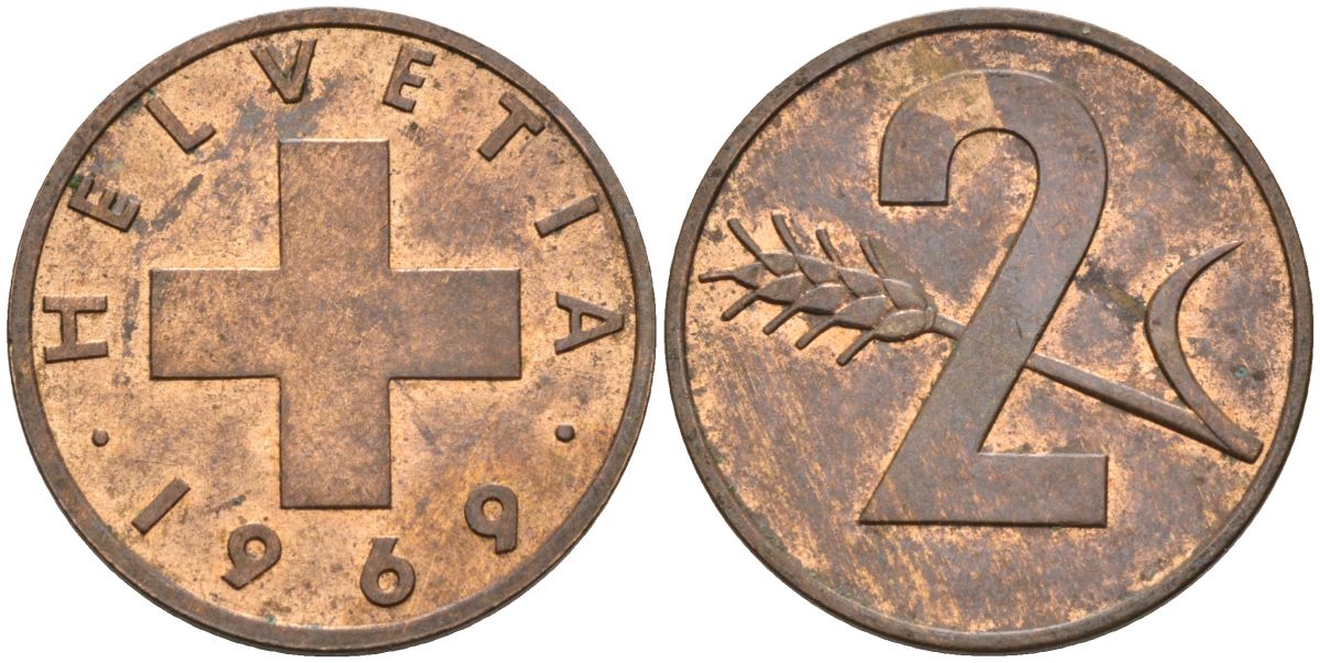 Швейцария 2 раппена 1969 KM 47 бронза 4592-617