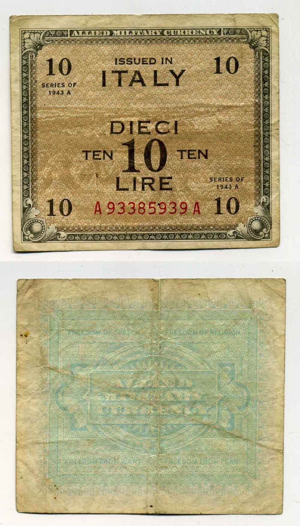 Италия 10 лир 1943 А, второй выпуск серия А-А, военный выпуск, вторая мировая война Pick M19а бумага 8588-28-4-2