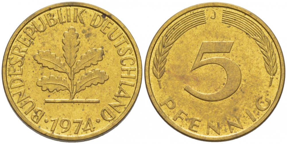 ФРГ 5 ПФЕННИГОВ 1974 J KM 107, J.382 сталь плакированная латунью 3955-613