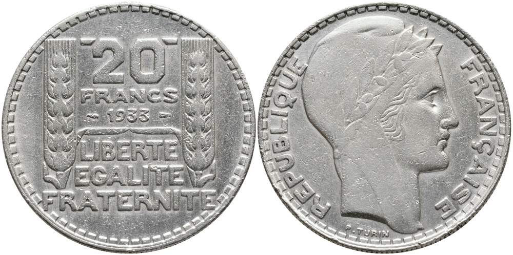 Франция 20 франков 1933 Пьер Тюрен KM 879, Le Franc 400.3 серебро 413-2145