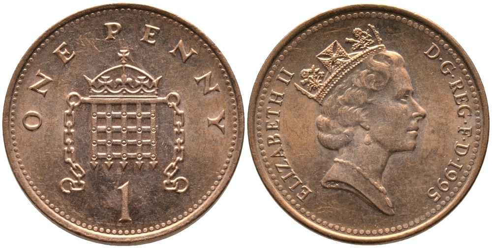Великобритания 1 пенни 1995 Елизавета II (1952-2022) KM 935a, Spink 4391 (B4) сталь плакированная медью 99-1061