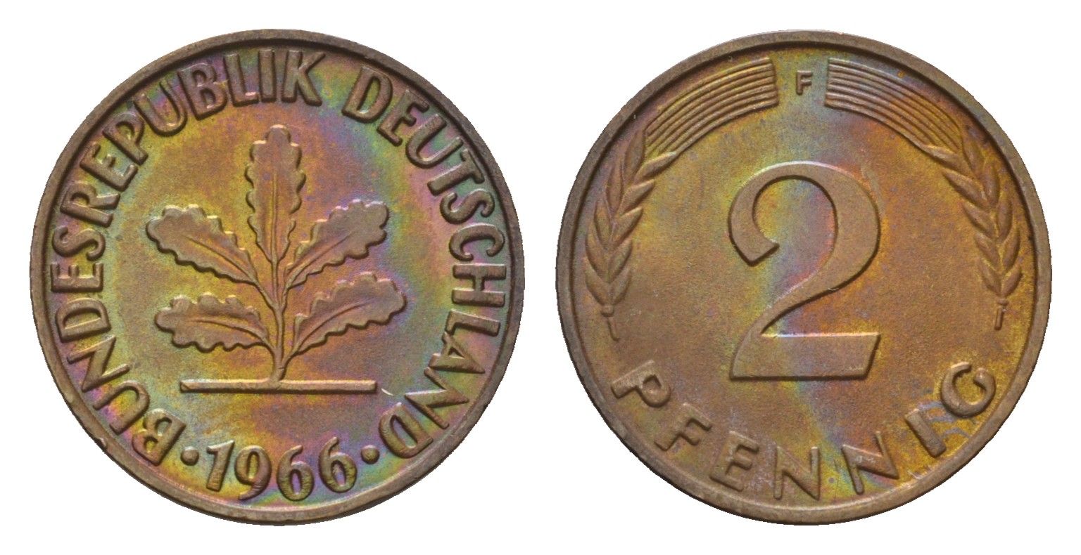 ФРГ 2 пфеннига 1966 F KM 106, J. 381 бронза 99-1042