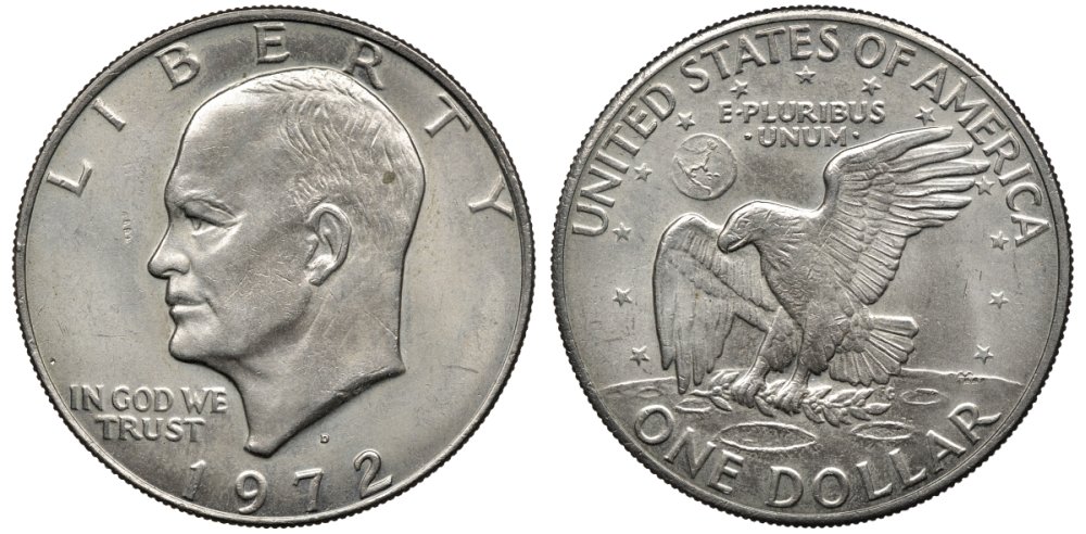 США 1 доллар 1972 D, Президент Эйзенхауэр, лунный орел KM 203 медь плакированная медно-никелем 4558-1034