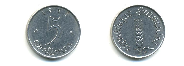 ФРАНЦИЯ 5 САНТИМОВ 1963 KM 927 хромированная сталь 86-1717