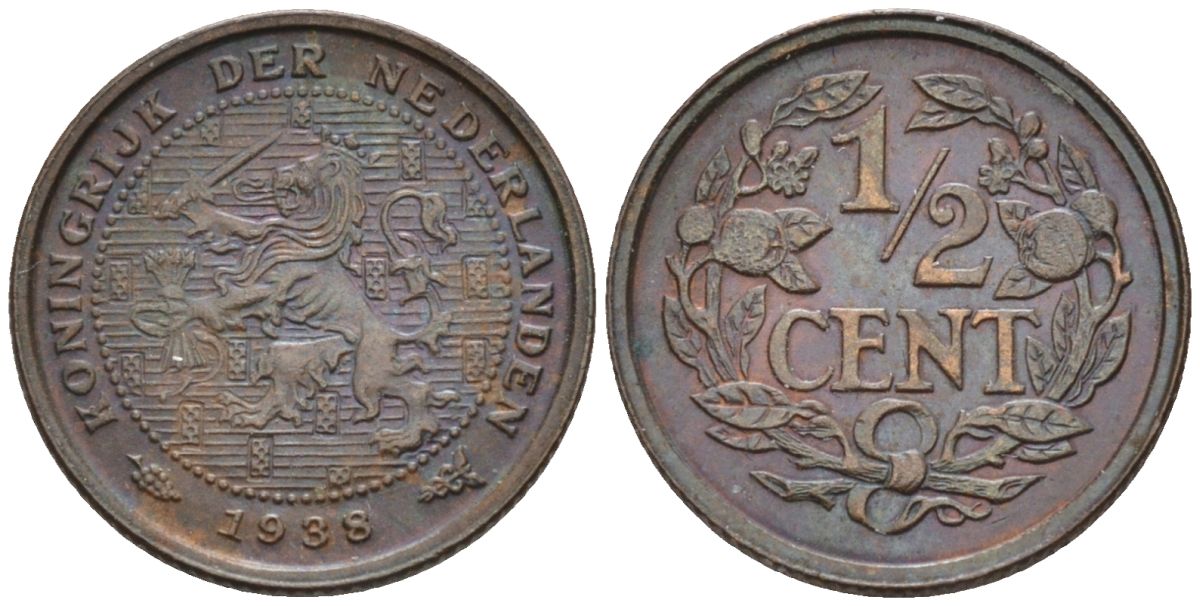 Нидерланды 1/2 цента 1938 Вильгельмина (1890-1948) KM 138 бронза 4588-957