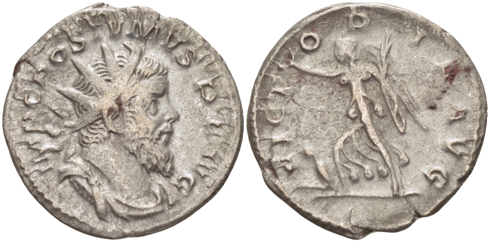 Римская Империя (императоры в Галлии) антониниан 260 - 269 Постум. IMP C POSTVMVS P F AVG / VICTORIA AVG, Виктория с венком и пальмовой ветвью, у ног пленник, Колония Агриппины, Good Very fine RIC 89 биллон 1073-13-83