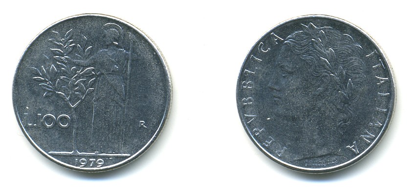 ИТАЛИЯ 100 ЛИР 1979 R, АФИНА KM 96.1 нержавеющая сталь 4364-813