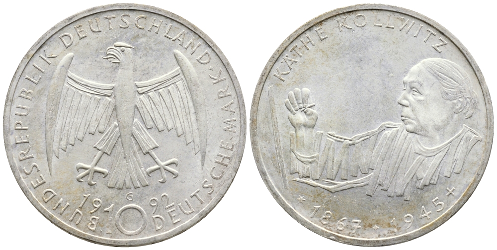 ФРГ 10 марок 1992 G, 125 лет со дня рождения Кете Кольвиц KM 178 серебро UNC 443-434