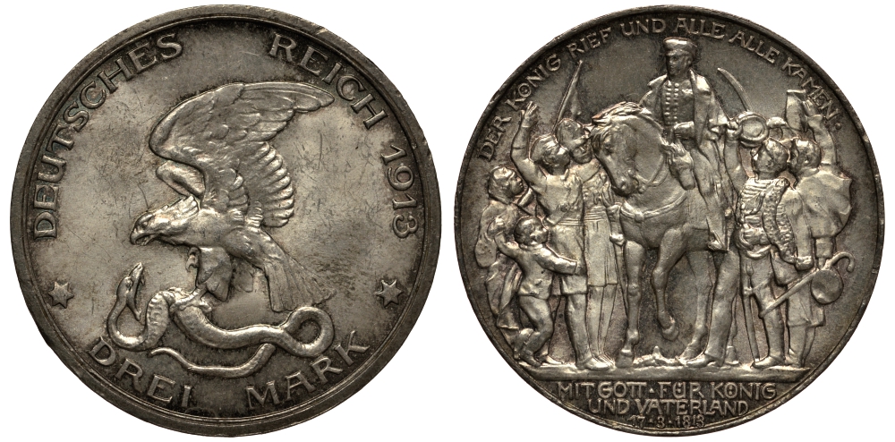 Пруссия 3 марки 1913 Вильгельм II (1888-1918), 100 лет победы над Наполеоном KM 534, J. 110 серебро 3711-1211