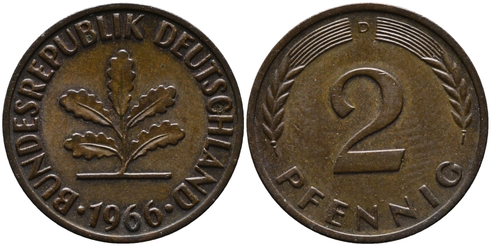 ФРГ 2 пфеннига 1966 D KM 106, J.381 бронза 99-145