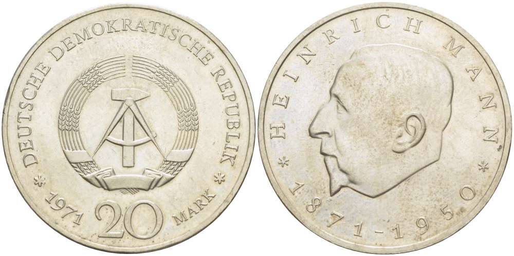 ГДР 20 марок 1971 А, 100 лет со дня рождения Генриха Манна (1871-1950) KM 33, J. 1531 медно-никель 4521-622