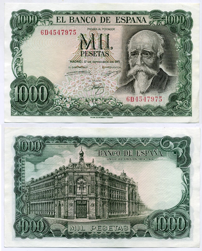 Испания 1000 песет 1971 (1974) Хосе Эчегерай-и-Эйсагирре, 100 лет со дня того, как Banco de España стал единственным банком-эмитентом (1874–1974) Pick 154 бумага aUNC 451-216-1