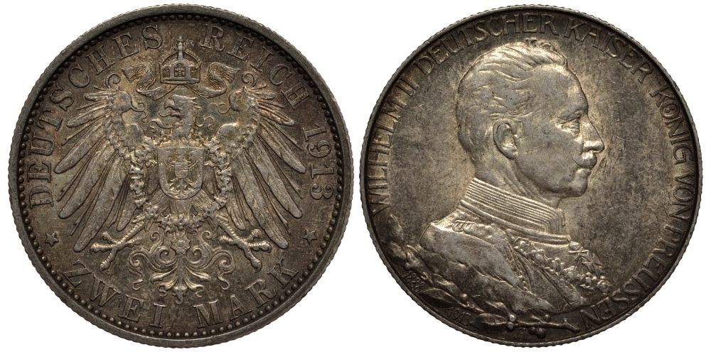 Пруссия 2 марки 1913 A, Вильгельм II (1888-1918), 25 лет правления (мундир) Weege 111, J. 111, KM 533 серебро 3711-844