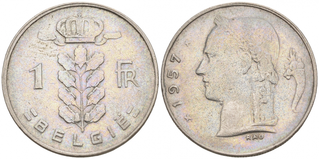 БЕЛЬГИЯ 1 ФРАНК 1957 BELGIE KM 143.1 медно-никель 68-533