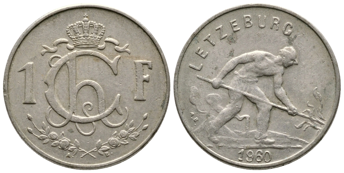 Люксембург 1 франк 1960 сталевар KM 46.2 медно-никель 4364-3221