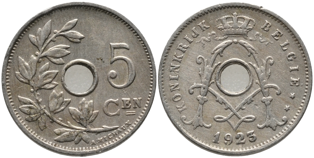 БЕЛЬГИЯ 5 САНТИМОВ 1923 BELGIE KM 67 медно-никель 76-121