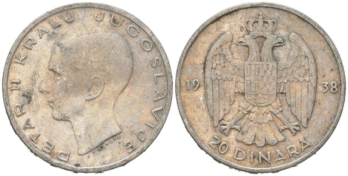 Югославия 20 динаров 1938 Петр II (1934-1945) KM 23 серебро 4182-256