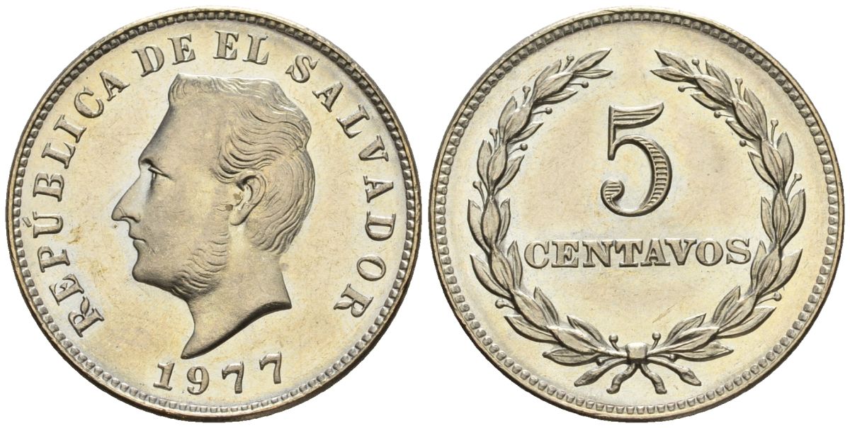 Сальвадор 5 сентаво 1977 год тип, Франсиско Морасан KM 149 b, Schoen 21b никель сталь 4118-121