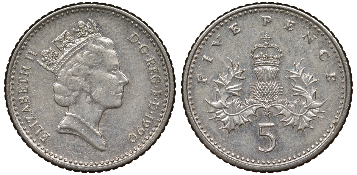 Великобритания 5 пенсов 1990 Елизавета II (1952-2022) KM 937b, Spink 4372 (D4) медно-никель 62-821