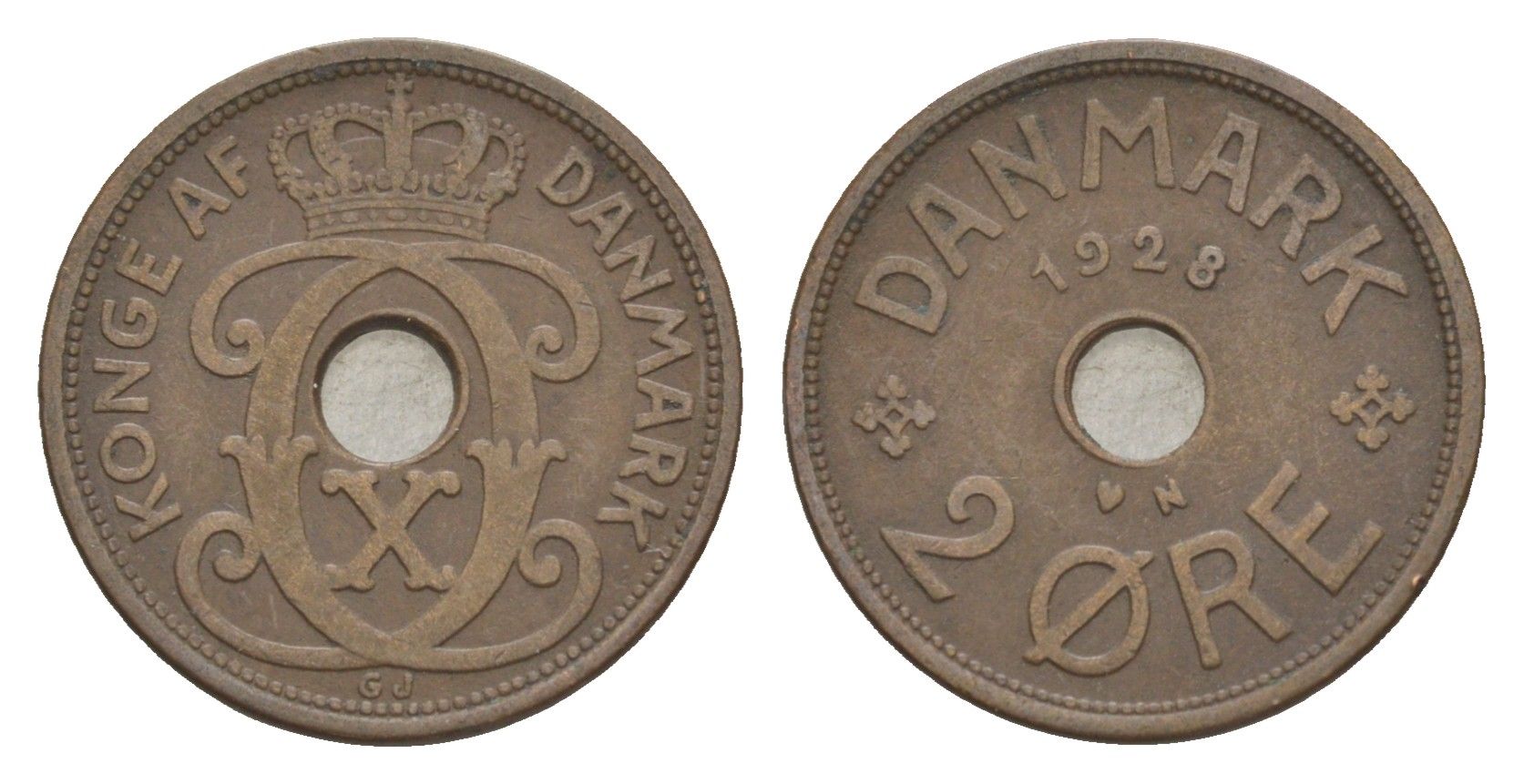 Дания 2 эре 1928 N, Кристиан X (1912-1947) KM 827 бронза 4639-738