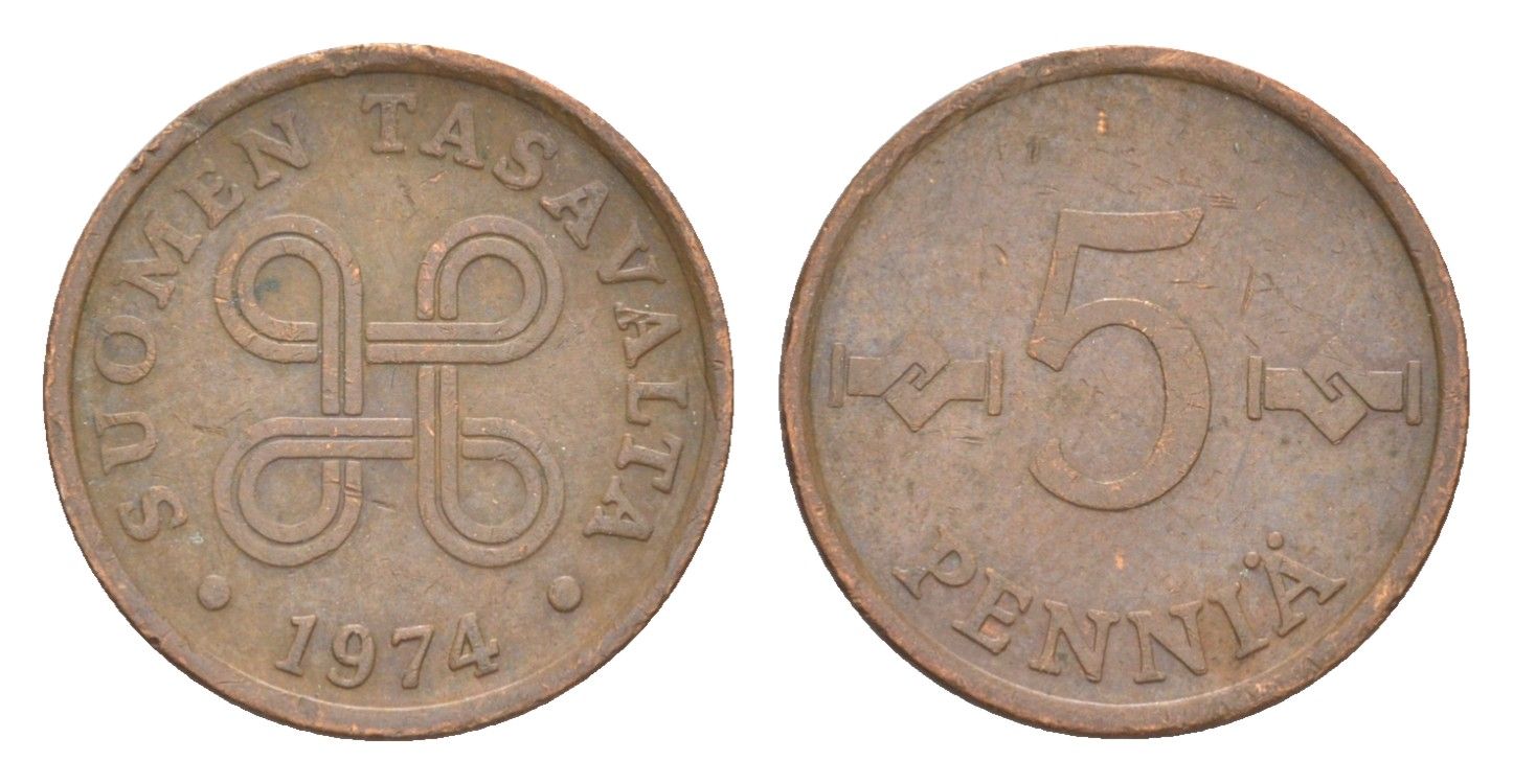 Финляндия 5 пенни 1974 KM 45 медь 4647-265