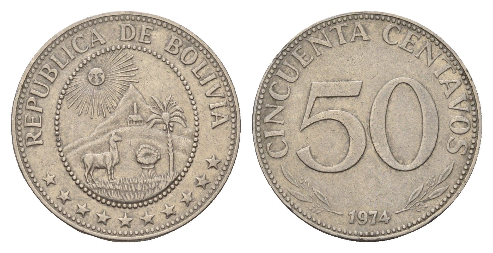 Боливия 50 сентаво 1974 KM 190 сталь плакированная никелем 4666-1141