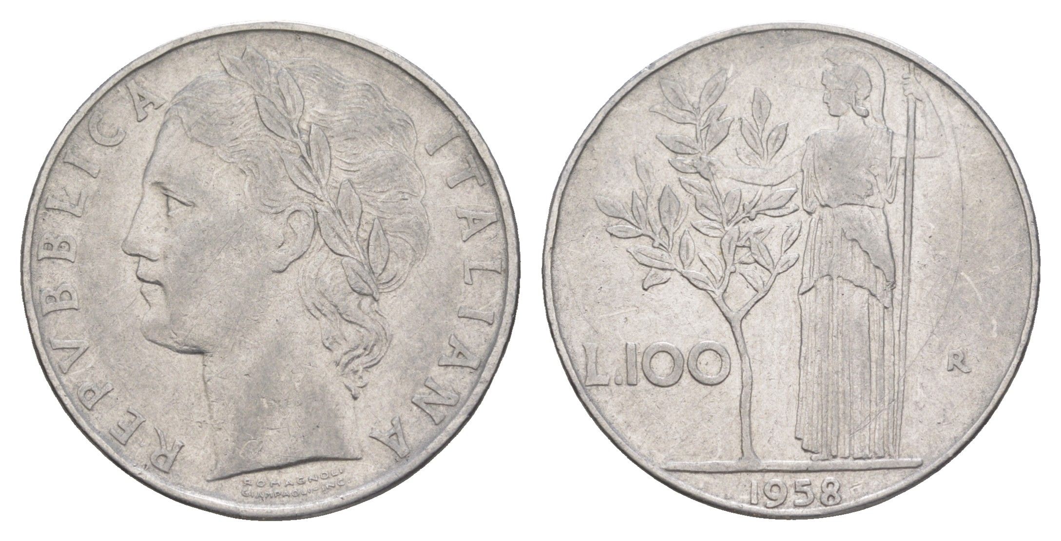 Италия 100 лир 1958 R, Афина в доспехах KM 96.1 нержавеющая сталь 4551-1233