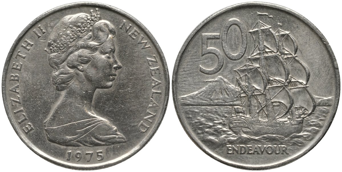 Новая Зеландия 50 центов 1975 Елизавета II (1952-2022), парусник Индевор KM 37 медно-никель 4578-111