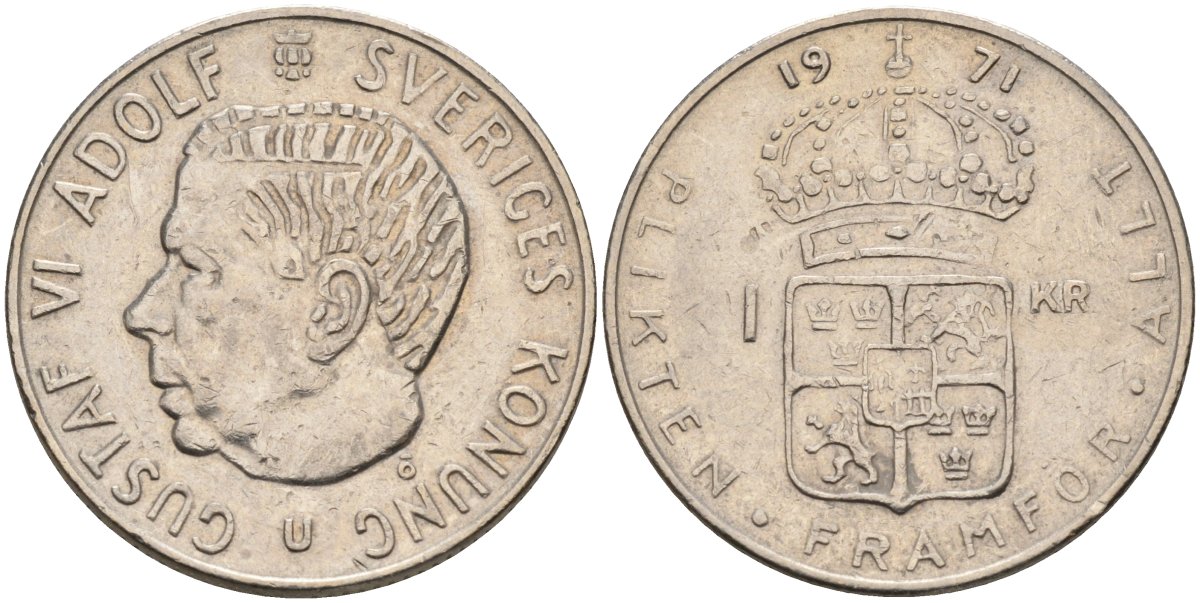 Швеция 1 крона 1971 Густав VI Адольф (1950-1973) KM 826а медь плакированная медно-никелем 4582-444