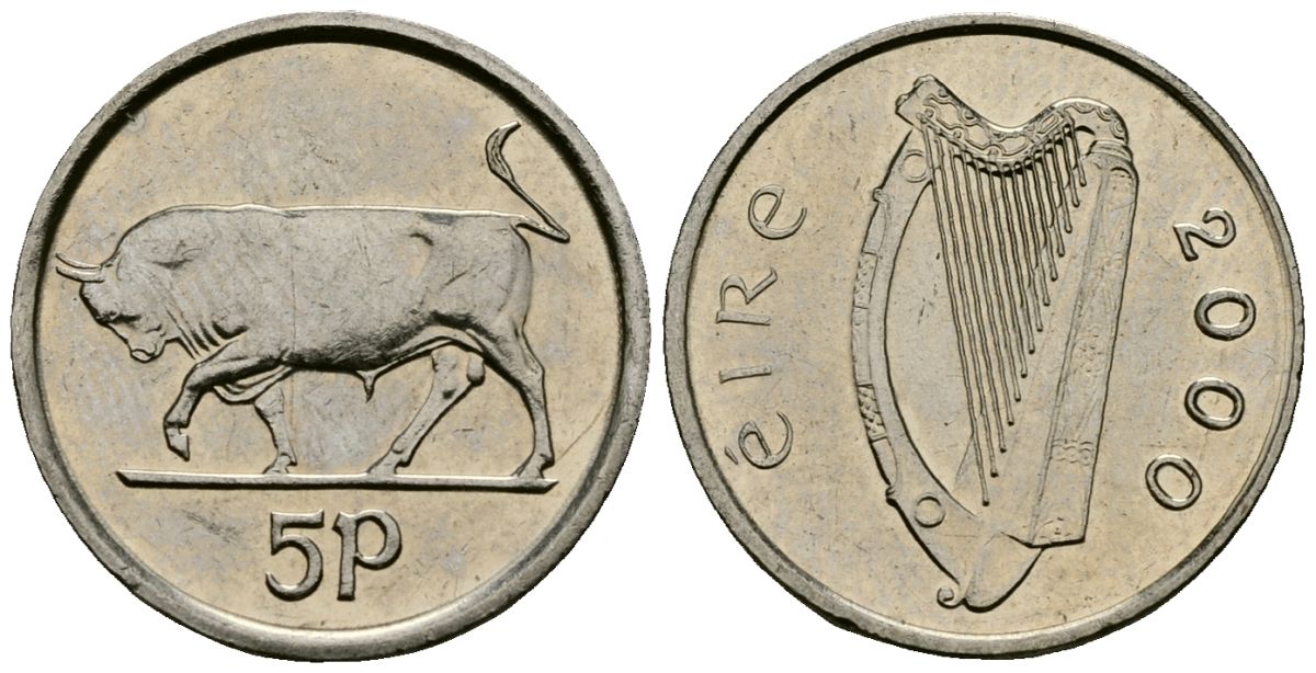 Ирландия 5 пенсов 2000 бык KM 28 медно-никель 4136-928