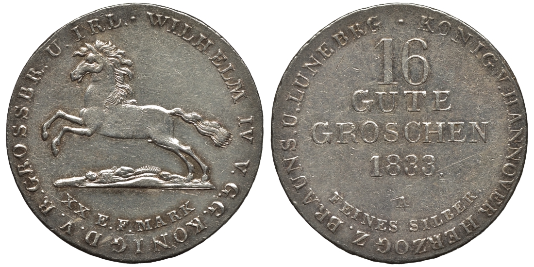 Брауншвейг-Каленберг-Ганновер 16 гутергрошенов 1833 A, Вильгельм IV (1830-1837) J. 33, AKS 66, Kahnt 212 серебро  aUNC  11-119-56