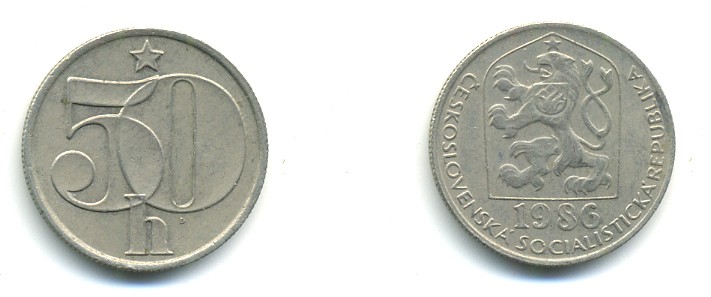 ЧЕХОСЛОВАКИЯ 50 ГЕЛЛЕРОВ 1986 СОЦИАЛИСТИЧЕСКАЯ РЕСПУБЛИКА KM 89 медно-никель 4379-1125